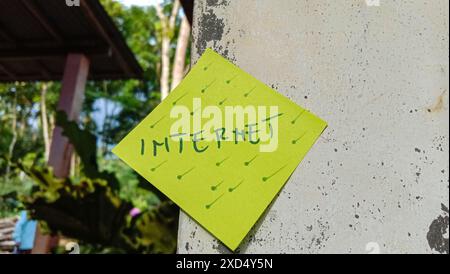 Text with the words "Internet" on a note posted on the wall Stock Photo