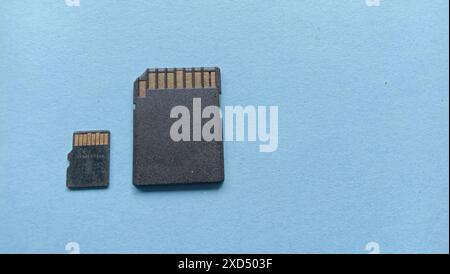 Photo of memory card large and small in black against a blue photo background Stock Photo