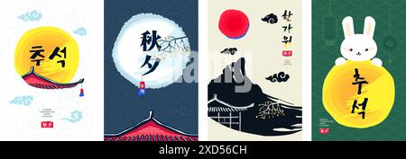 Happy Chuseok holiday poster set. Korean Hangawi festival print. Korea Thanksgiving Day celebration placard. Asian Moon Cake mid autumn harvest oriental event art banner. Translation: Hangawi Chuseok Stock Vector