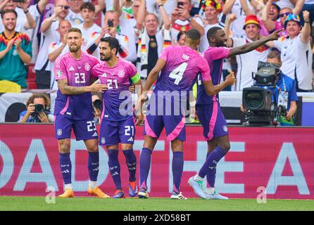 Stuttgart, Germany. 19th June, 2024. Ilkay Guendogan, DFB 21 celebrates his 2-0 goal, happy, laugh, celebration, with Robert Andrich, DFB 23 Antonio Ruediger, Ruediger, DFB 2 in the group stage match GERMANY - HUNGARY 2-0 of the UEFA European Championships 2024 on Jun 19, 2024 in Stuttgart, Germany. Photographer: ddp images/star-images Credit: ddp media GmbH/Alamy Live News Stock Photo