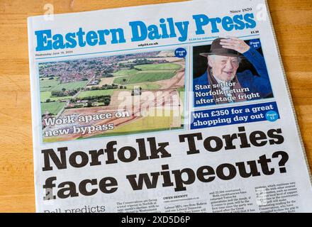 19 June 2024. Front page headline on Eastern Daily Press is Norfolk Tories face wipeout? Stock Photo