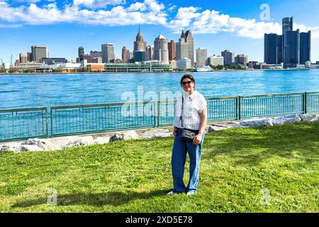 Portrait of woman in the riverfront or waterfront, Windsor, Ontario, Canada Stock Photo