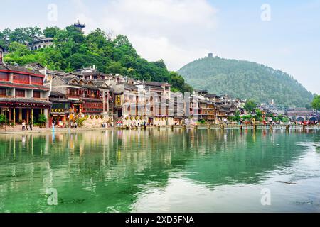 Fenghuang, China - September 23, 2017: Awesome view of Phoenix Ancient Town (Fenghuang County) and the Tuojiang River (Tuo Jiang River). Stock Photo