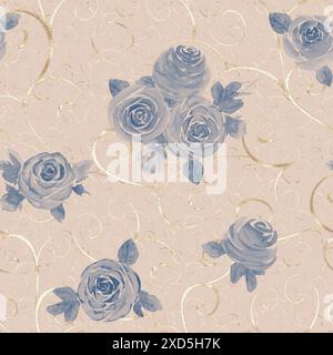 Watercolor roses flowers. Beautiful floral seamless pattern. Watercolour hand drawn navy blue botanical illustration on pastel pink background. Print Stock Photo