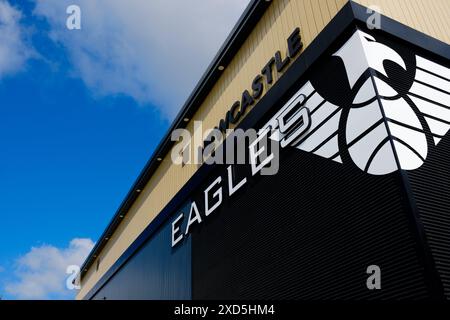 Newcastle UK: 8th June 2024: Newcastle Eagles basketball Stadium exterior with signage on a sunny blue sky day. Vertu Motors Arena Stock Photo