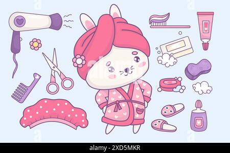 Shower cosmetics set. Cute white rabbit in bathrobe with towel. Hairdryer, soap, cream, shower cap, washcloth and slippers, toothbrush with toothpaste Stock Vector