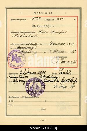 Itterbeck, Germany Nov 3 2022 A page from an old German Family register. It's the birth certificate of the first child. (The person mentioned on this page is deceased) Stock Photo