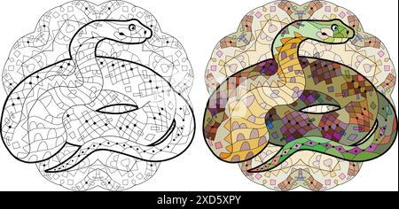 Hand drawn zentangle snake on mandala for coloring, for t-shirt and other decorations. Color and outline set Stock Vector