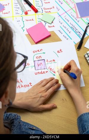 An English teacher writes words on paper for a lesson. A student studies grammar. Stock Photo