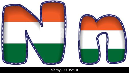 N An alphabet in capital and small letters reading 'INDIA' for Independence Day and Memorial Day, featuring the national flag's saffron, white, and gr Stock Vector
