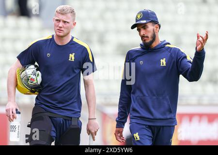 Birmingham, UK. 20th June, 2024. Dan Mousley chats with Hamza Sheikh as he heads to the nets ahead of the Vitality T20 Blast match between Birmingham Bears and Northamptonshire Steelbacks at Edgbaston Cricket Ground, Birmingham, England on 20 June 2024. Photo by Stuart Leggett. Editorial use only, license required for commercial use. No use in betting, games or a single club/league/player publications. Credit: UK Sports Pics Ltd/Alamy Live News Stock Photo