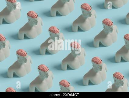 Isometric seamless pattern of a sculpture of a man with his head open and his brain exposed. 3d illustration. Stock Photo