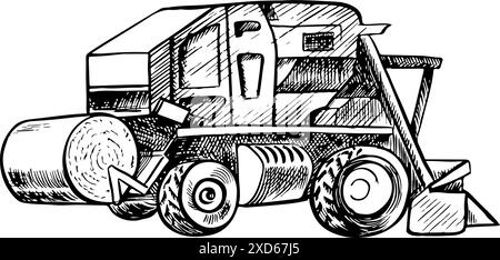 Cotton harvester. Black and white vector graphic illustration drawn by hand. Detailed linear drawing of a modern cotton harvester used in agriculture Stock Vector