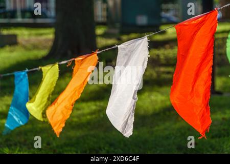 Close up photo of colorful prayer flags in a public park. Stock Photo