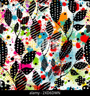 Seamless pattern of leaves with colored blots. hand drawing. Not AI. Vector illustration Stock Vector