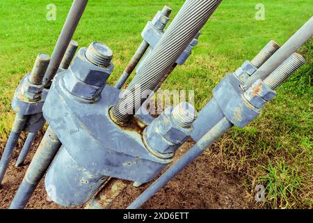 Support cables for th"Passerelle fil d'ariane" modern 235 meter long suspension footbridge across the river Cher - Tours, Indre-et-Loire (37), France. Stock Photo