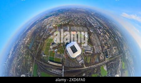 Aerial view, Veltins-Arena Bundesliga stadium of FC Schalke 04 with open roof and filled parking lots, soccer fans at the stadium, Berger Feld, Erle, Stock Photo