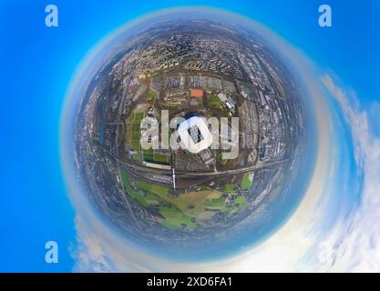 Aerial view, Veltins-Arena Bundesliga stadium of FC Schalke 04 with open roof and filled parking lots, soccer fans at the stadium, Berger Feld, Erle, Stock Photo