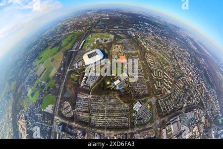 Aerial view, Veltins-Arena Bundesliga stadium of FC Schalke 04 with open roof and filled parking lots, soccer fans at the stadium, Berger Feld, Erle, Stock Photo