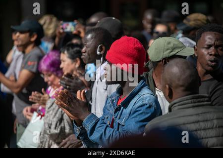 Madrid, Spain. 20th June, 2024.  Civil society organizations and groups have called this afternoon for a rally-performance on the occasion of the International Day of Refugees in the surroundings of the Reina Sofía Museum in Madrid. Credit: D. Canales Carvajal/Alamy Live News Stock Photo