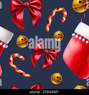 Seamless pattern with stocking for presents, christmas balls, golden bell illustration. New year watercolor red bow isolated on background. For design Stock Photo