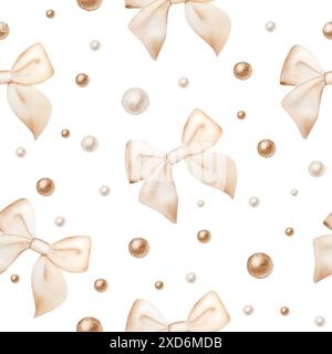 Seamless pattern with birthday and holiday pastel ribbon bow, silver, grey balls. Hand drawn watercolor children and girls illustration isolated on wh Stock Photo