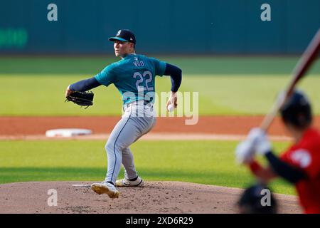 Seattle Mariners Pitcher Bryan Woo Delivers From The Mound During The Cleveland Oh June 19 Seattle Mariners Pitcher Bryan Woo 22 Pitches During An Mlb Game Against The Cleveland Guardians On June 19 2024 At Progressive Field In Cleveland Ohio Photo By Joe Of Sport 2xd6r29