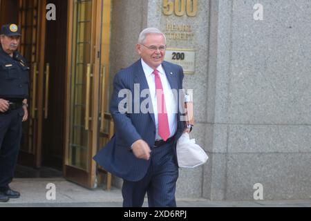 New York, USA. 20th June, 2024. Senator Robert Menendez leaves SDNY court after a shortened week of his trial on Egypt and Qatar bribery charges. Credit: Matthew Russell Lee/Alamy Live News Stock Photo