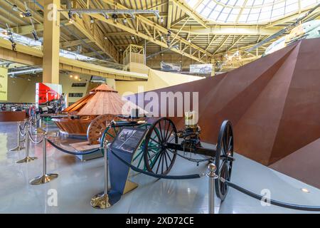 Royal Tank Museum, Amman, Jordan - May 4, 2024: Classic 1878 American Gatling Gun on a wooden carriage in Tank Museum, illustrating historical Stock Photo