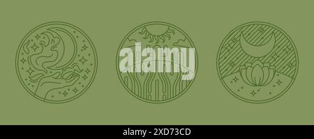 Desert oasis khaki boho logo set. sand, sun, moon, lotus. stars landscape aesthetic icon. Stock Vector