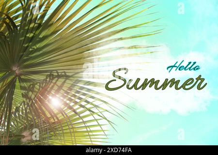 Hello Summer text against palms and bright sky on sunny day Stock Photo