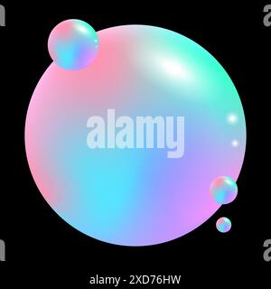 Colorful soap bubble. Pastel gradient effect. Multiple bubbles. Black background. Stock Vector