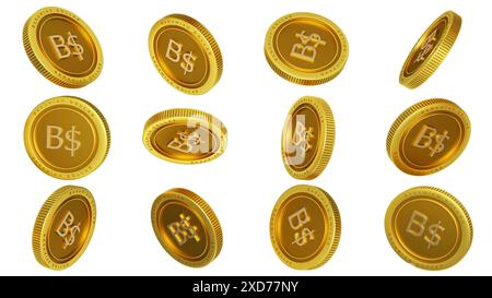 3D rendering of set of abstract golden Bahamian dollar coins concept in different angles. Bahamas dollar sign on golden coin isolated on white backgro Stock Photo