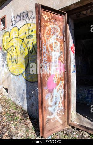 Graffiti on an abandoned building by York Redoubt National Historic Site in Fergusons Cove, Nova Scotia, Canada Stock Photo