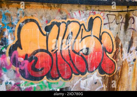 Graffiti on an abandoned building by York Redoubt National Historic Site in Fergusons Cove, Nova Scotia, Canada Stock Photo