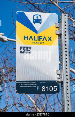 Bus stop sign on Purcells Cove Road in Fergusons Cove, Nova Scotia, Canada Stock Photo