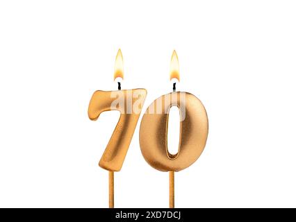 Birthday number 70 - Golden candle on white background Stock Photo