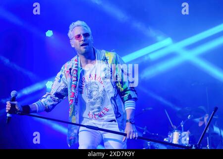 Newport, UK. 20th June, 2024. Lead singer Rick Parfitt Jr with The RPJ Band performing live on stage at the Isle of Wight Festival. Rick is the son of Status Quo rhythm guitarist, singer and songwriter Rick Parfitt. (Photo by Dawn Fletcher-Park/SOPA Images/Sipa USA) Credit: Sipa USA/Alamy Live News Stock Photo