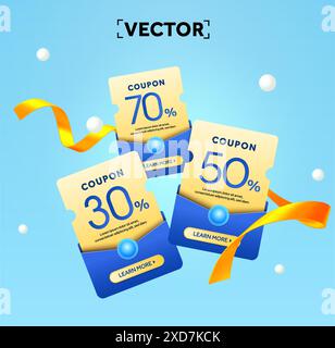 3d set of yellow coupon wrapped with an blue envelope, golden ribbons, CTA button, isolated on background. Coupon code with percentage off. Discount voucher giveaway banner template. 3d Vector. Vector illustration Stock Vector