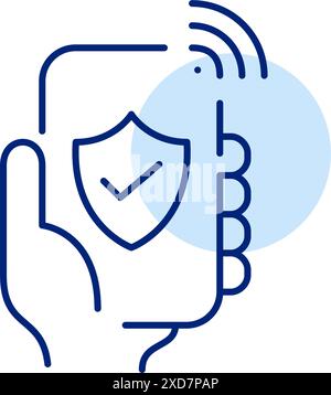 Smart phone, shield, checkmark and wi-fi. Secure internet usage, personal profile verification. Pixel perfect icon Stock Vector