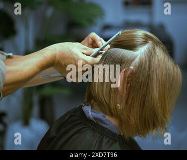 Hairdresser's hands cutting hair. Hairdresser cutting woman's hair. Woman bob cut style. Hair saloon. Close up of female hair cut. Professional barber Stock Photo