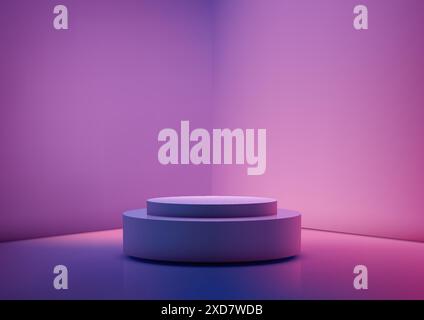 3D Neon Colors Circular Podium in Bright Purple Room for Technology Concept Product Display and Mockup Showroom Stock Vector
