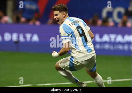 Argentina's forward Julian Alvarez (celebrates after scoring the team’s first goal against Canada during the Copa America USA 2024, group A, groupe stage match between Argentina and Canada, at Mercedes Benz stadium in Atlanta, on June 20, 2024. Stock Photo