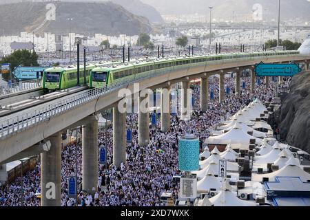 (240621) -- BEIJING, June 21, 2024 (Xinhua) -- This photo taken on June 16, 2024 shows trains running on the Al Mashaaer Al Mugaddassah Metro Line in Mecca, Saudi Arabia. The China Railway Construction Corporation (CRCC) on Wednesday announced that it has completed the 2024 Hajj operation of the Al Mashaaer Al Mugaddassah Metro Line in the city of Mecca in Saudi Arabia. Over the seven days, 2,206 trains have been dispatched, serving about 2.094 million passengers, CRCC said in a statement. (CRCC/Handout via Xinhua) Stock Photo