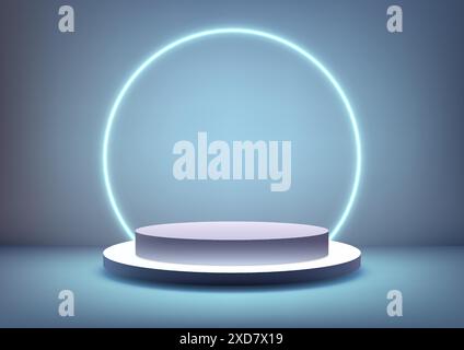 3D Round Podium with Neon Circle on Blue Background for Technology Concept Product Display and Mockup Showroom Showcase Stock Vector