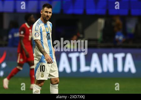 Argentina's forward Lionel Messi gestures during the Copa America USA 2024, group A, groupe stage match between Argentina and Canada, at Mercedes Benz stadium in Atlanta, on June 20, 2024. Stock Photo