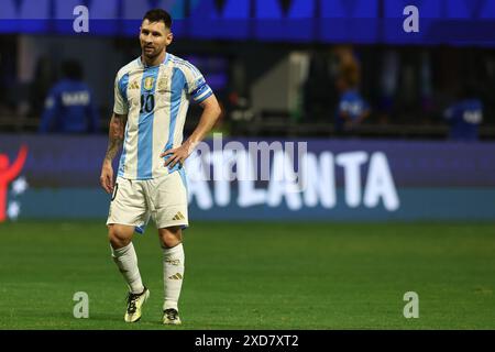 Argentina's forward Lionel Messi gestures during the Copa America USA 2024, group A, groupe stage match between Argentina and Canada, at Mercedes Benz stadium in Atlanta, on June 20, 2024. Stock Photo