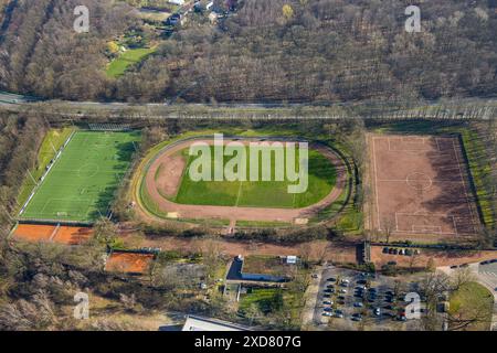 Aerial view, sports facility Löchterheide soccer stadium and tennis courts, SSV Buer 07/28 e.V. soccer department and tennis department, Buer, Gelsenk Stock Photo