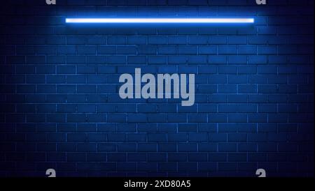 Neon lights on old grunge brick wall room background.Empty space of blue and Abstract dark background . vintage grunge brick wall texture background. Stock Photo