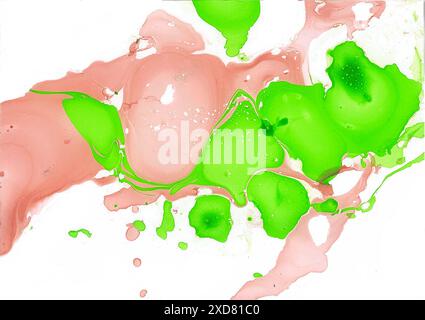 Abstract background of different shades of green and peach color. Pink peach fuzz color. The spots are chaotic with a blur and marble effect. White ba Stock Photo